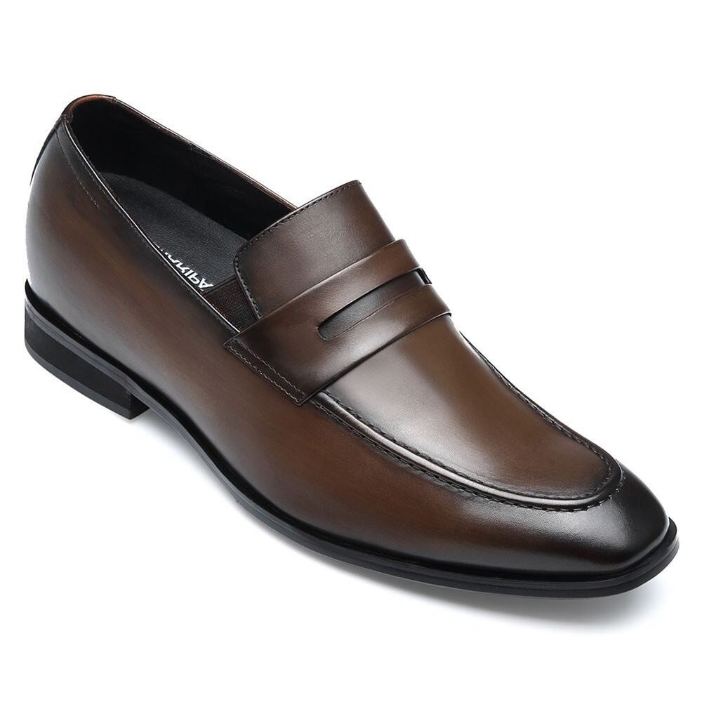 US9.5 CHAMARIPA 7cm/2.76" elevator SHOES Men Brown leather slip on penny Loafer